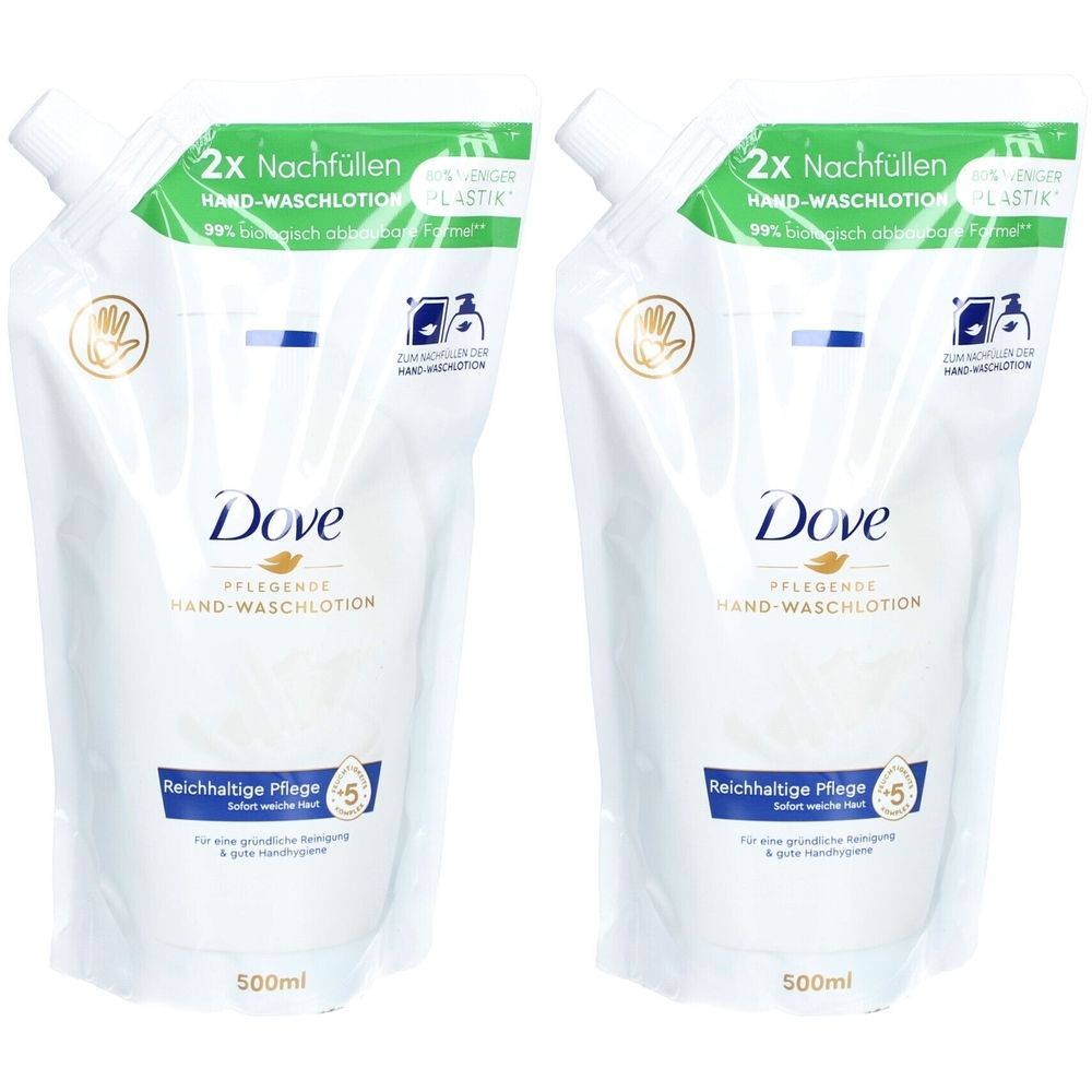 Deux recharges de lotion lavante pour les mains. Sachets blancs avec impression verte. Logo Dove et nom du produit visibles.