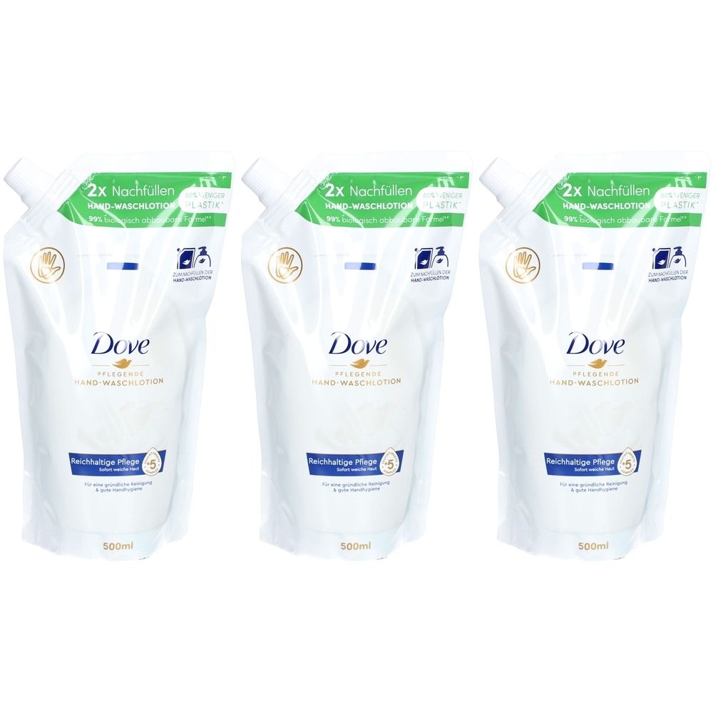 Trois recharges de lotion lavante. Sachets blancs avec impression verte. Logo Dove et nom du produit visibles. 500ml.