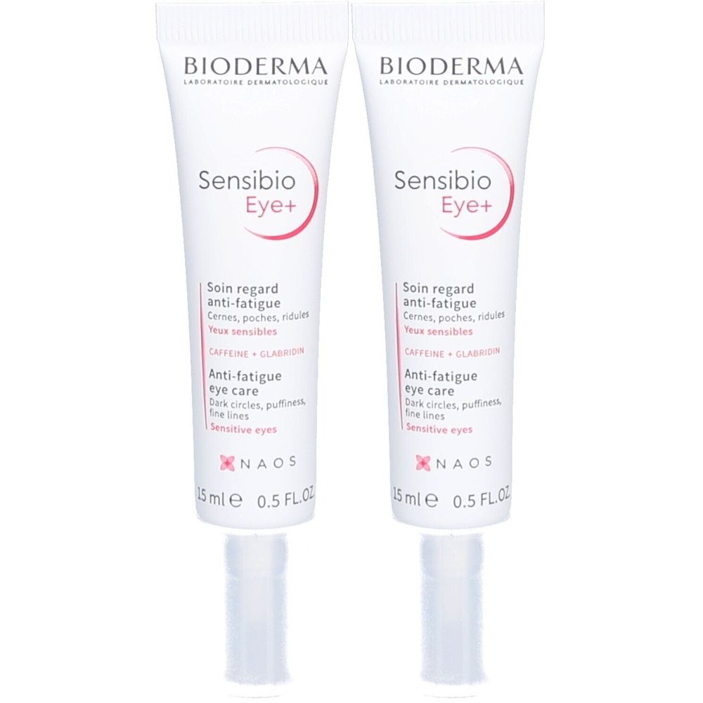 Zwei Tuben Bioderma Sensibio Eye+ Augenkonturenpflege. Weiße Tuben mit roter Schrift. Produktname und Beschreibung deutlich sichtbar.