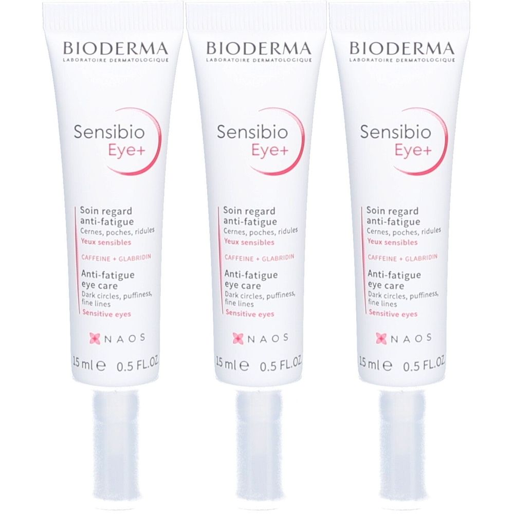 Drei Tuben Bioderma Sensibio Eye+ Augenkonturenpflege. Weiße Tuben mit roter Schrift. Text: Anti-Müdigkeit, Augenpflege, 15 ml.