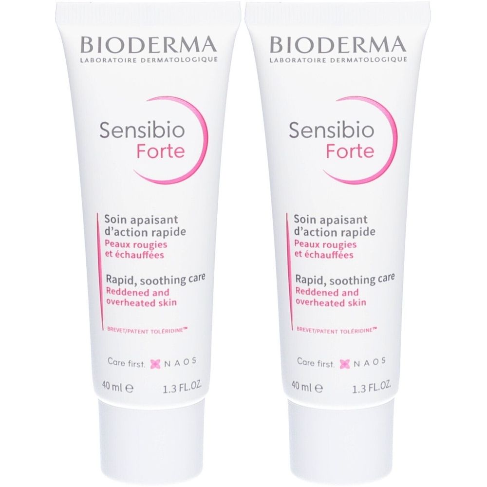 Deux tubes de crème Sensibio Forte de BIODERMA. Inscriptions en français et anglais. Contenance: 40 ml.