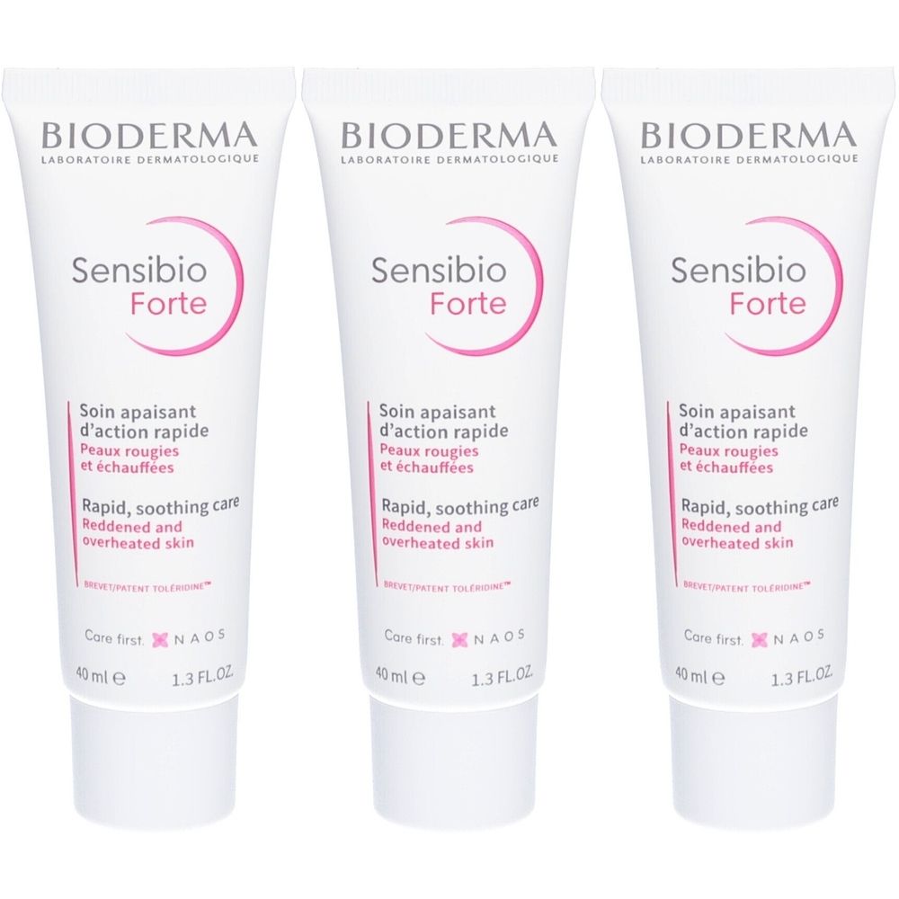 Trois tubes de crème Bioderma Sensibio Forte. Tubes blancs avec texte rose. Inscription : Sensibio Forte, Soin apaisant, Rapid, soothing care.