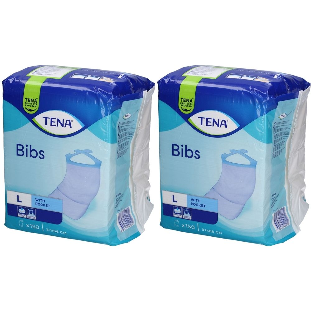 Zwei verpackte Tena Bibs. Blaue Verpackung mit Produktabbildung und Schriftzug "Tena Bibs". Größe L, mit Tasche. Maße: 37x68 cm.