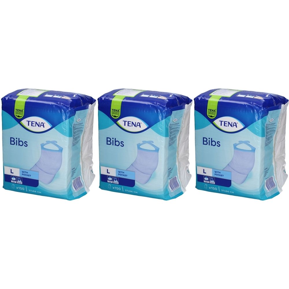 Drei Packungen Einweg-Lätzchen. Blaue Verpackung mit weißer Schrift. Marke TENA. Aufdruck: Bibs, Größe L, mit Tasche.