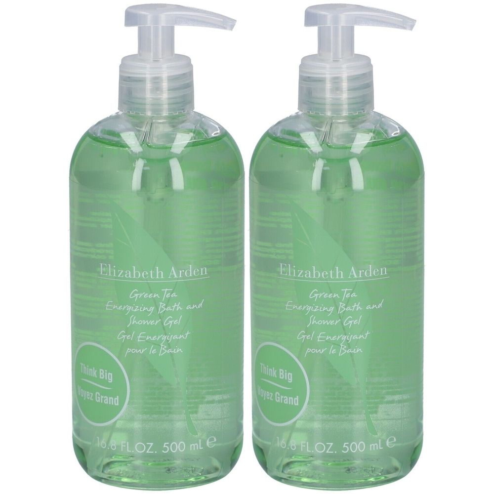 Zwei grüne Duschgel-Flaschen mit Pumpverschluss. Aufschrift: Elizabeth Arden Green Tea Energizing Bath and Shower Gel. 500 ml.