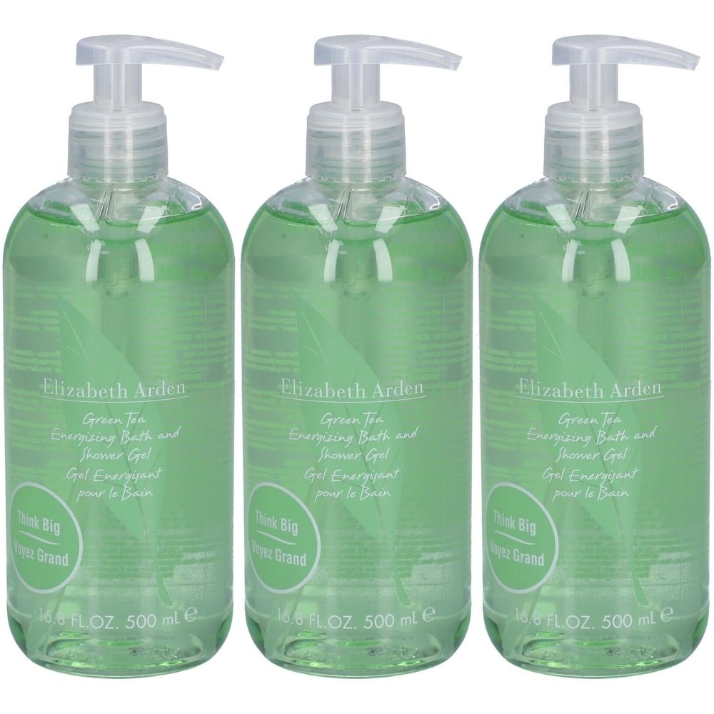 Drei grüne Flaschen mit Spender. Aufschrift: Elizabeth Arden Green Tea Energizing Bath and Shower Gel. 500 ml.
