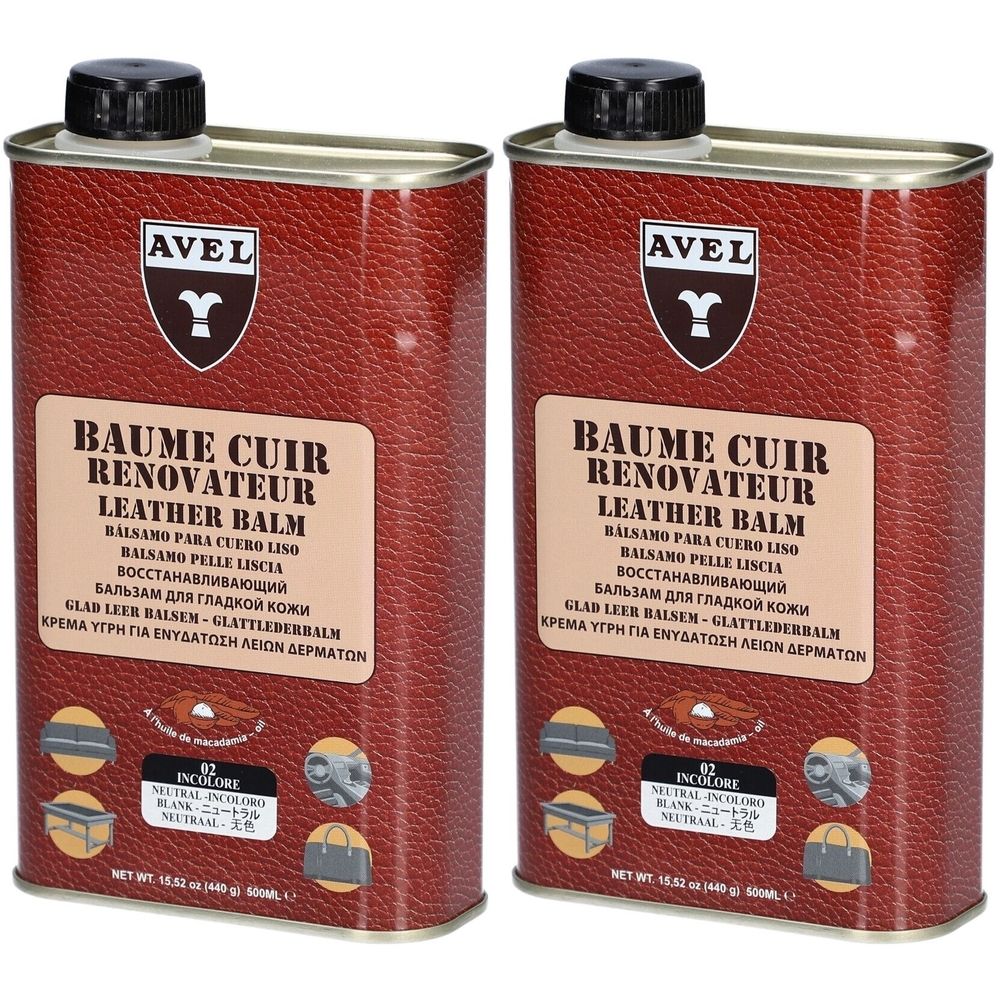Zwei braune Metallbehälter mit schwarzem Deckel. Aufschrift: AVEL, Baume Cuir Renovateur, Leather Balm. Farblos.