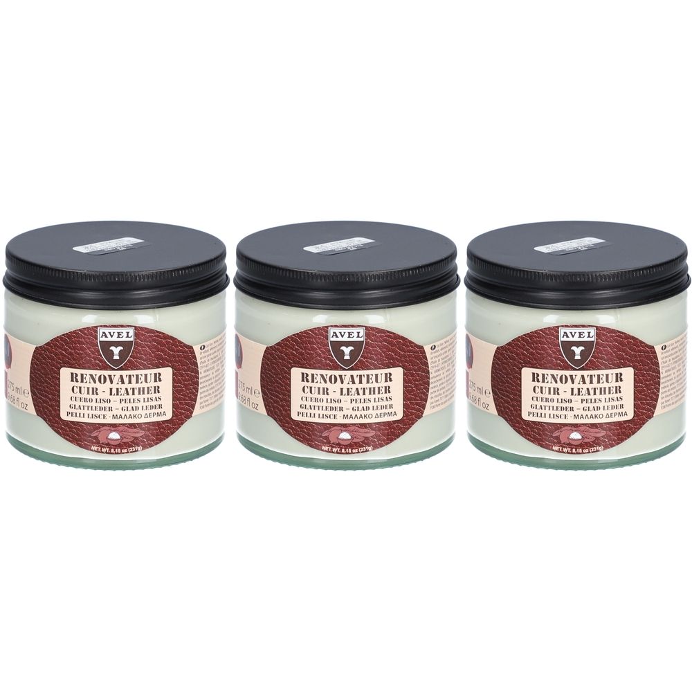 Trois pots de Renovateur Cuir - Leather AVEL. Couvercles noirs, étiquettes marron avec texte. Contient le nom du produit.