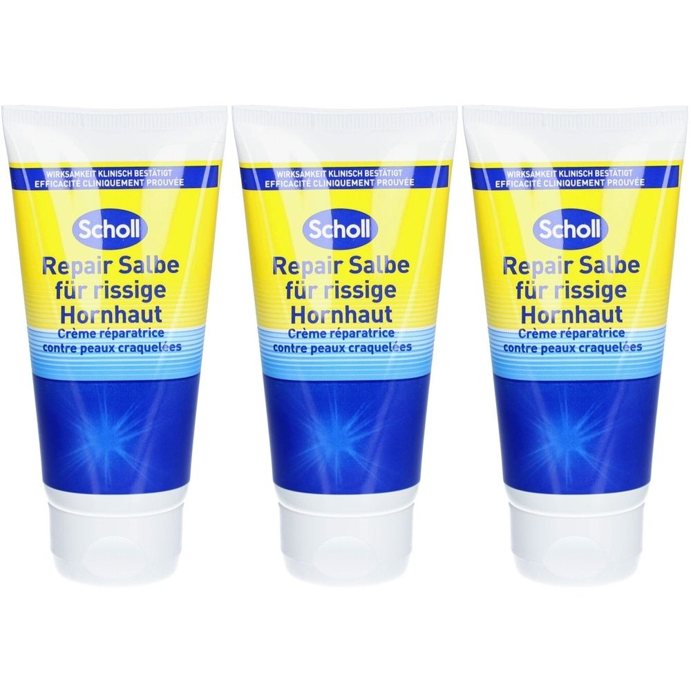 Drei Tuben Scholl Repair Salbe für rissige Hornhaut. Gelbe und blaue Verpackung mit Produktnamen und französischem Text.