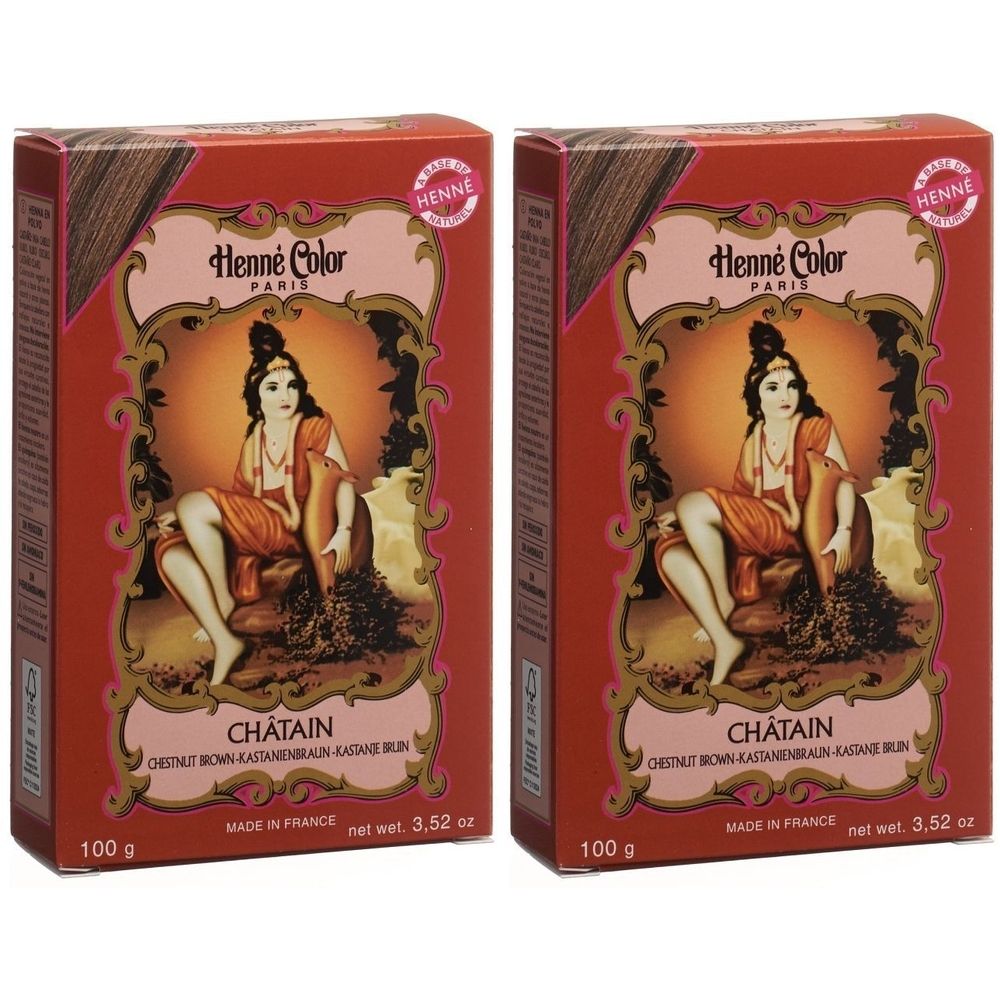 Deux boîtes Henna Color. Inscription: Henna Color Paris, Châtain, Kastanienbraun. Illustration d'une femme. 100 g, 3.52 oz.