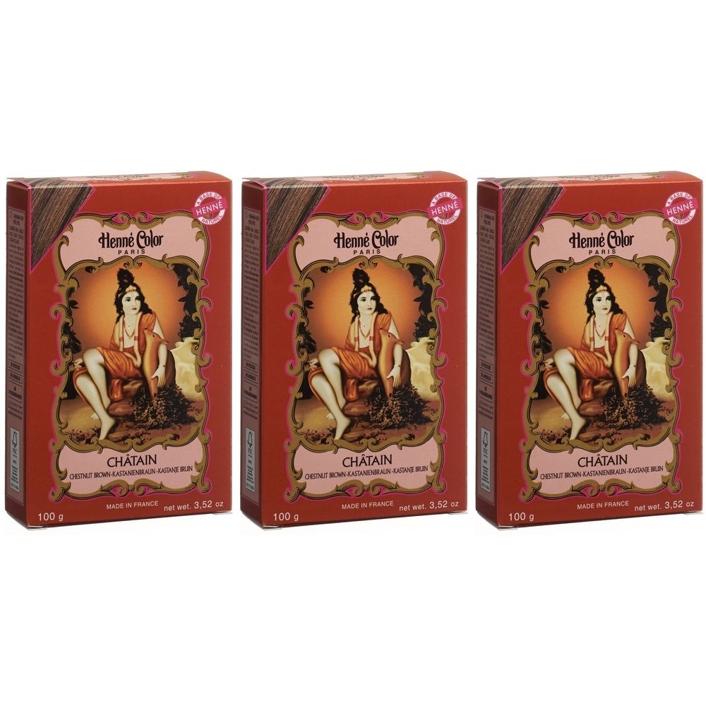 Trois boîtes de Henna Color Châtain. Emballage rouge avec illustration d'une femme. Texte: 100 g, Made in France.