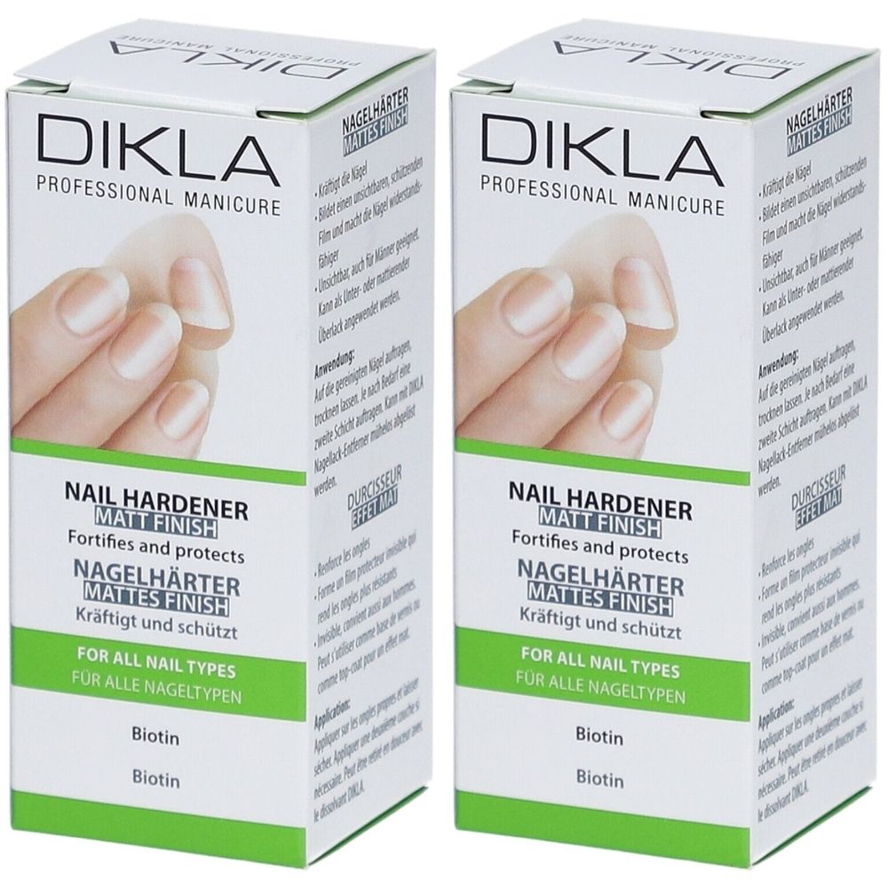 Deux boîtes de durcisseur d'ongles DIKLA. Inscription : Nail Hardener Matt Finish, pour tous types d'ongles. Contient de la biotine. Image d'une main avec des ongles vernis.
