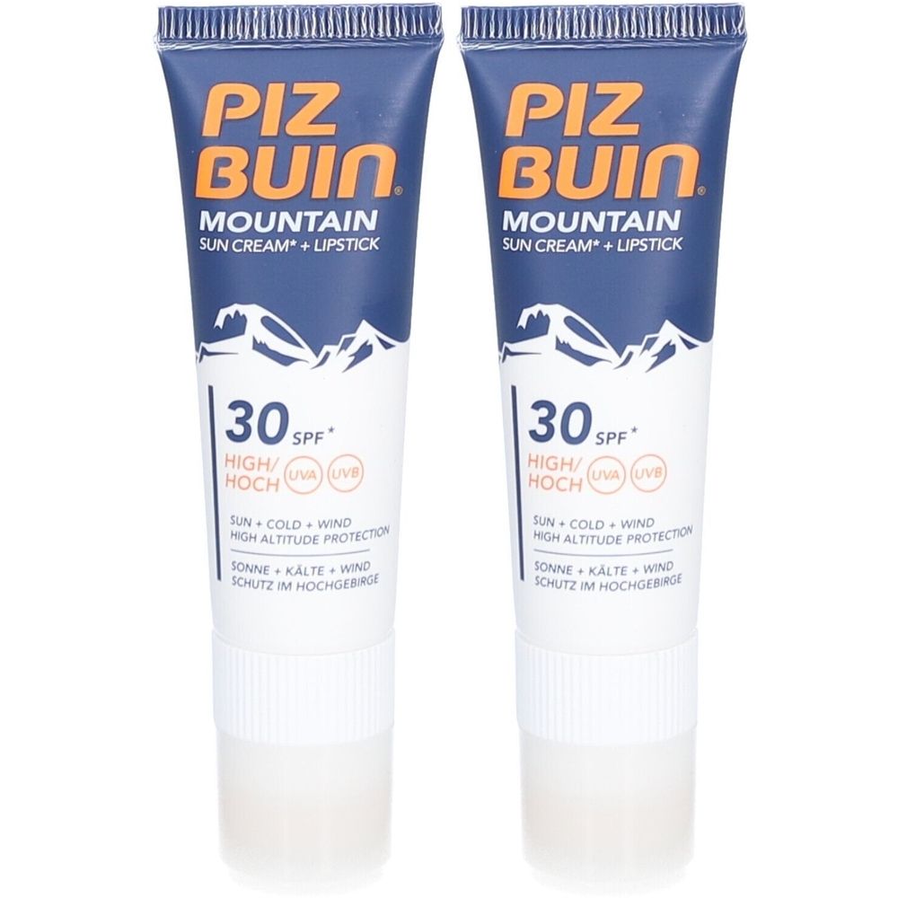 Deux tubes de crème solaire PIZ BUIN Mountain + stick à lèvres SPF30. Emballage bleu et blanc avec texte et motif montagne.