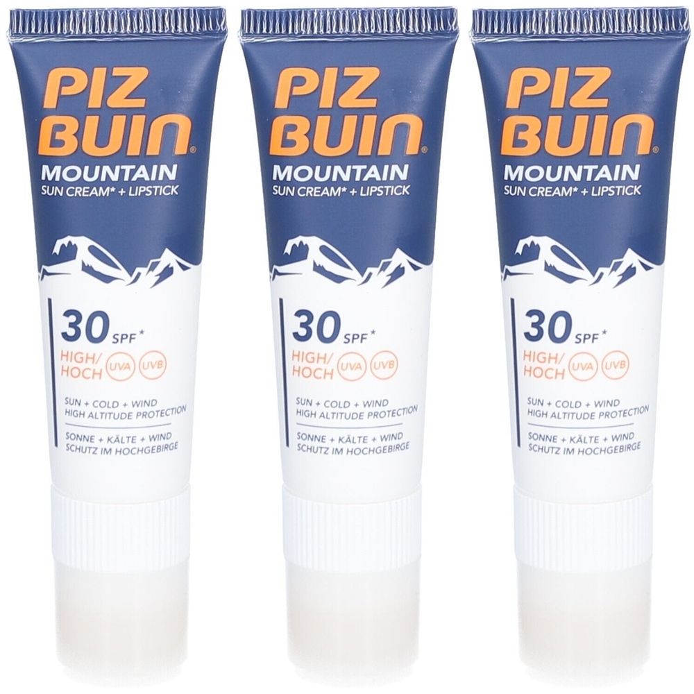 Trois tubes de crème solaire PIZ BUIN Mountain + stick à lèvres SPF30. Tube bleu, bouchon blanc, motif montagne.