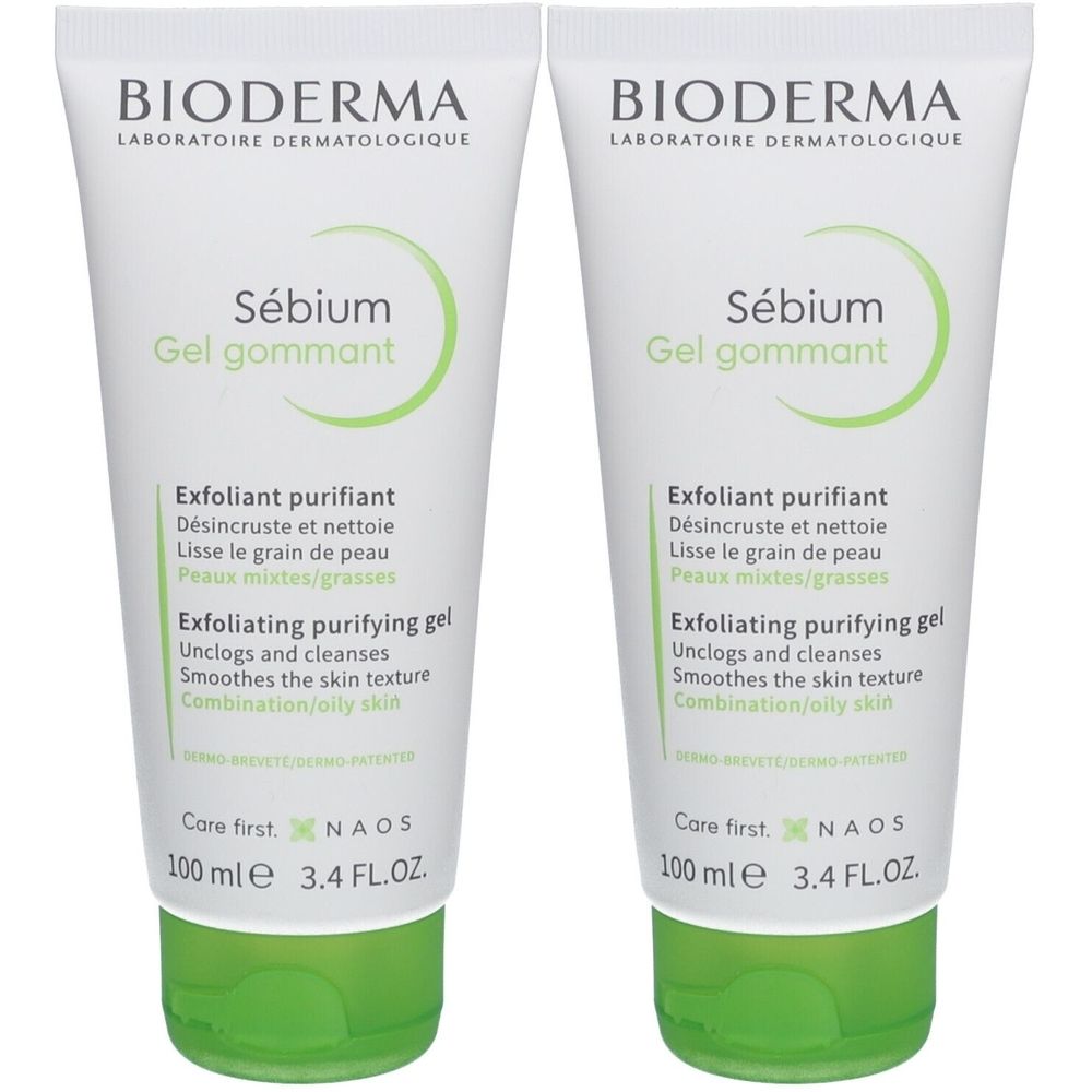 Deux tubes de Bioderma Sébium Gel gommant. Tubes blancs avec accents verts. Nom du produit et description imprimés.