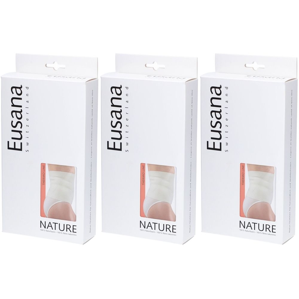 Drei weiße Produktverpackungen mit Sichtfenster. Aufdruck: Eusana Switzerland, Produktabbildung, NATURE.