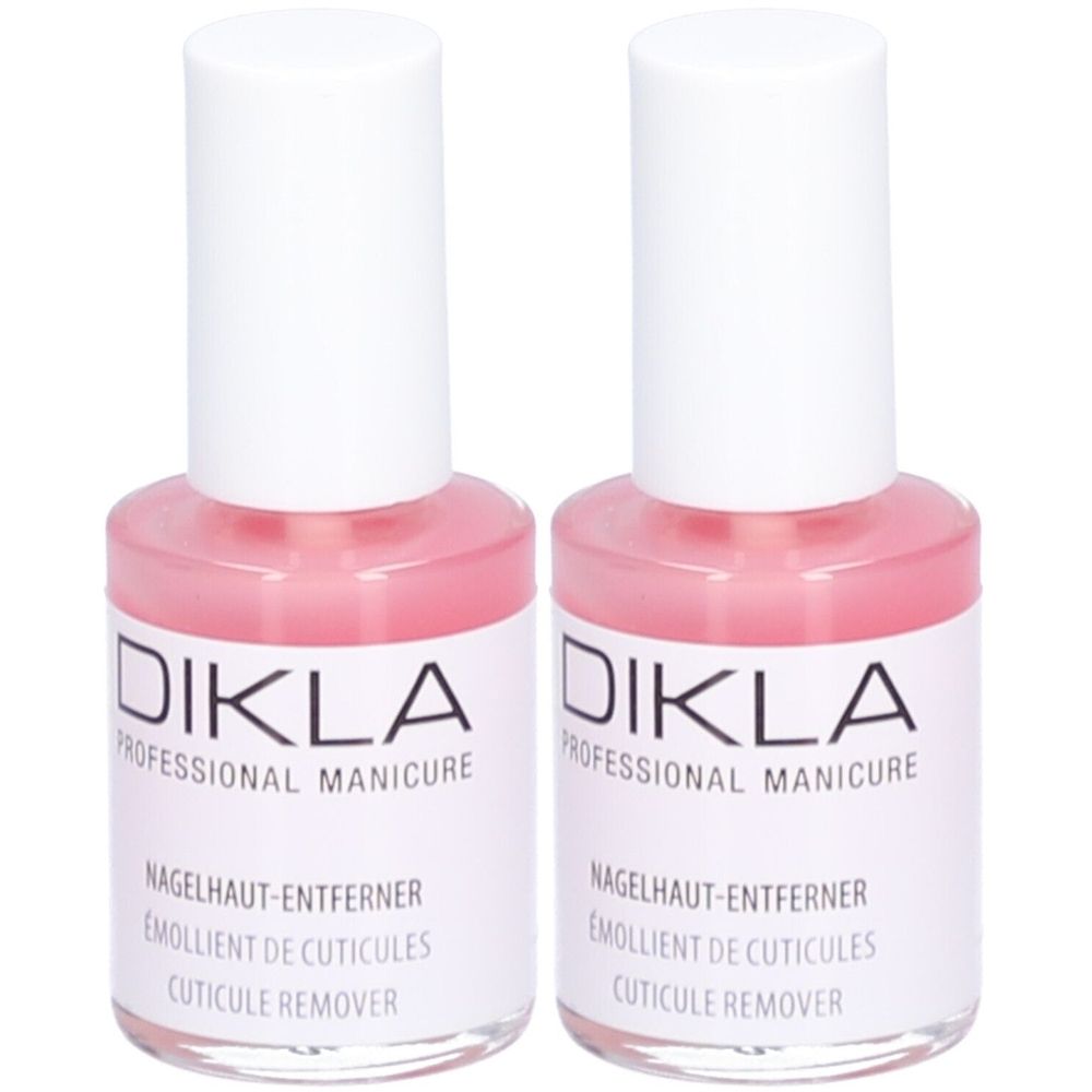 Zwei Flaschen DIKLA Nagelhautentferner. Weiße Kappen, rosa Flüssigkeit. Aufschrift: PROFESSIONAL MANICURE, Nagelhaut-Entferner, EMOLLIENT DE CUTICULES, CUTICULE REMOVER.