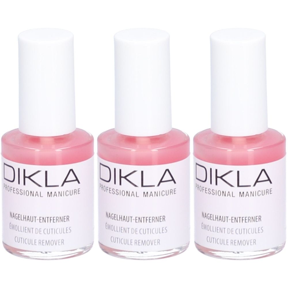 Drei Flaschen DIKLA Nagelhautentferner. Weiße Deckel, rosa Flüssigkeit. Aufschrift: PROFESSIONAL MANICURE, Nagelhaut-Entferner, Emollient de cuticules, Cuticule Remover.
