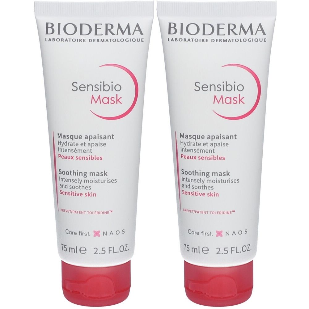 Zwei Tuben BIODERMA Sensibio Maske. Weiße Tuben mit roter Schrift und rotem Verschluss. Text: Sensibio Mask, 75 ml, für empfindliche Haut.