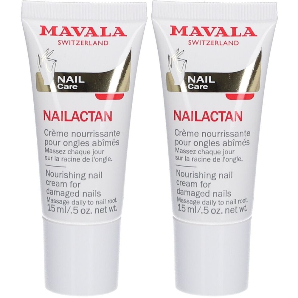 Zwei Tuben Creme für geschädigte Nägel. Aufschrift: MAVALA, NAILACTAN, Crème nourrissante pour ongles abîmés, 15 ml.