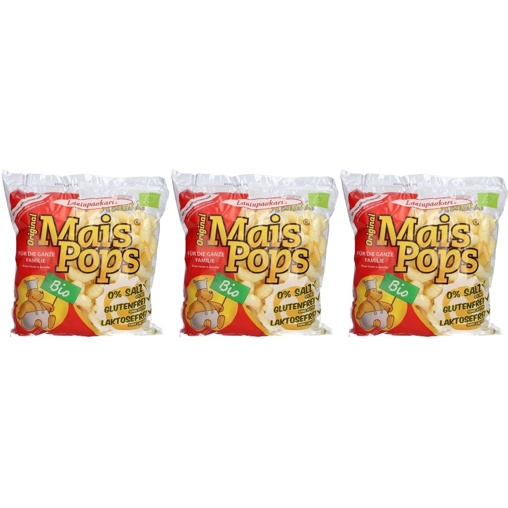 Trois paquets de Mais Pops Bio-Snacks. Emballage rouge avec nom du produit et label bio. Inscription : 0% sel, sans gluten, sans lactose.