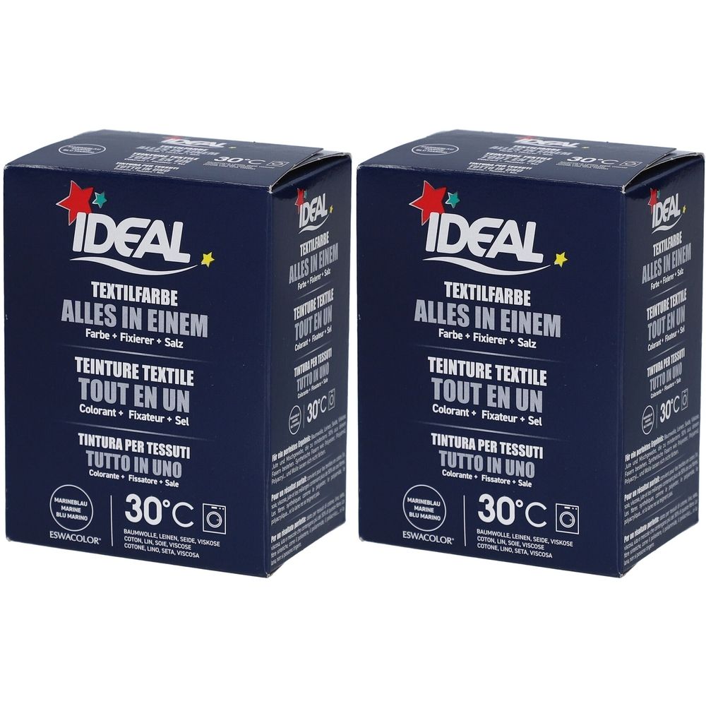 Deux boîtes bleues IDEAL Textilfarbe. Teinture textile, fixateur et sel. Pour machines à laver. Température 30°C.