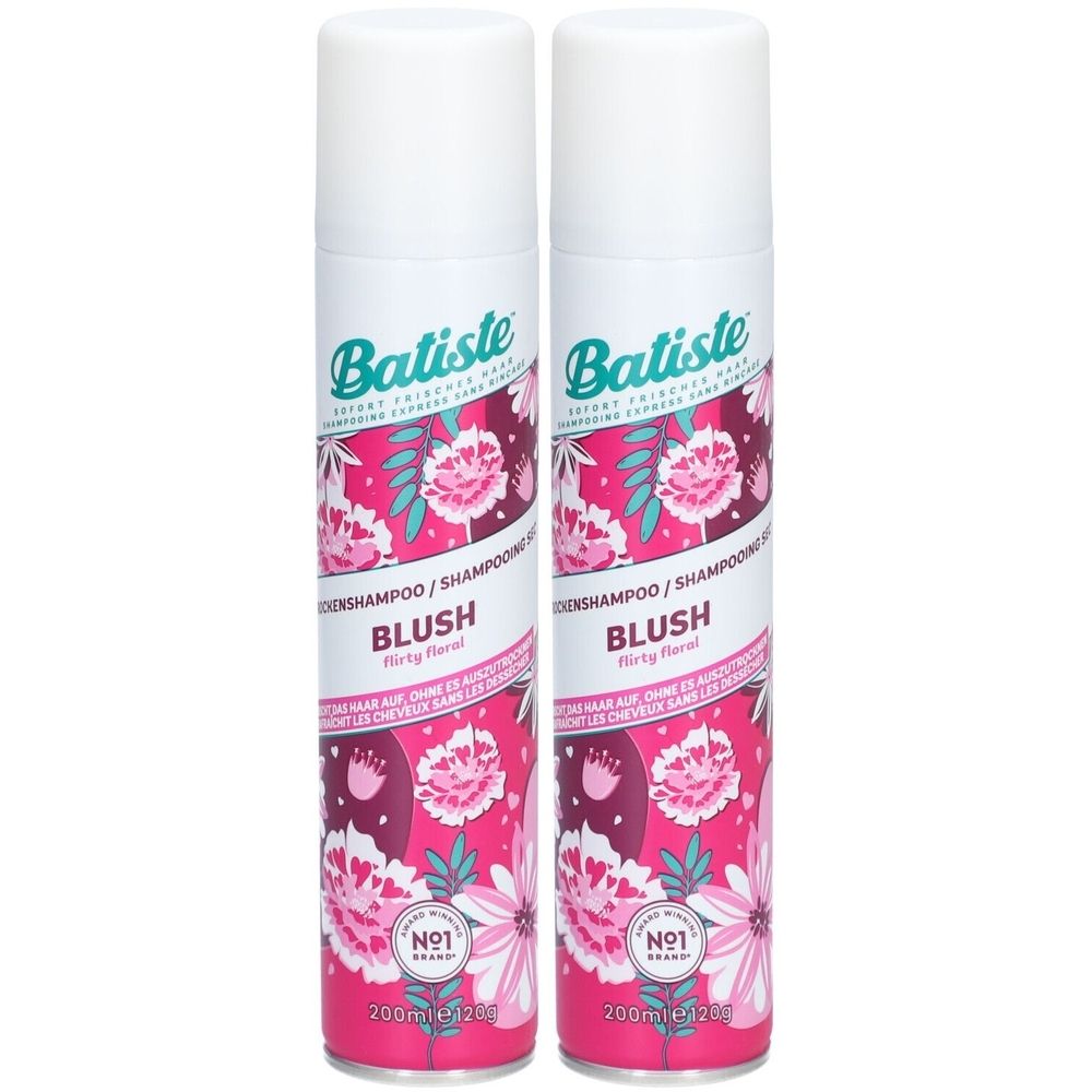 Zwei Sprühflaschen mit weißem Deckel. Aufschrift: Batiste, Blush, Flirty Floral. Pinke Blumenmuster.