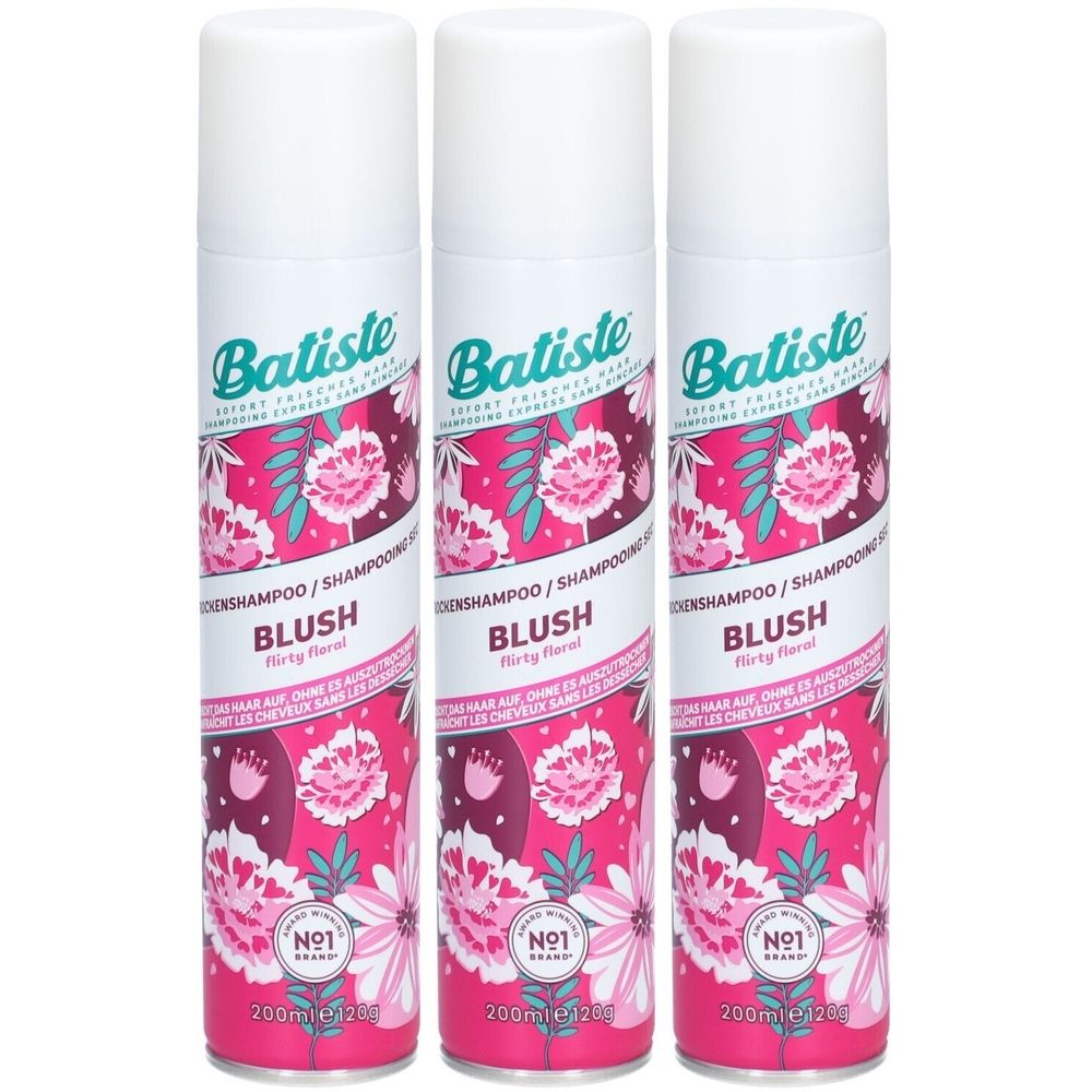 Drei Sprühflaschen mit weißem Deckel. Aufschrift: Batiste Blush, flirty floral. Pinkes Blumendesign. Unten: Nr. 1 Brand, 200ml.