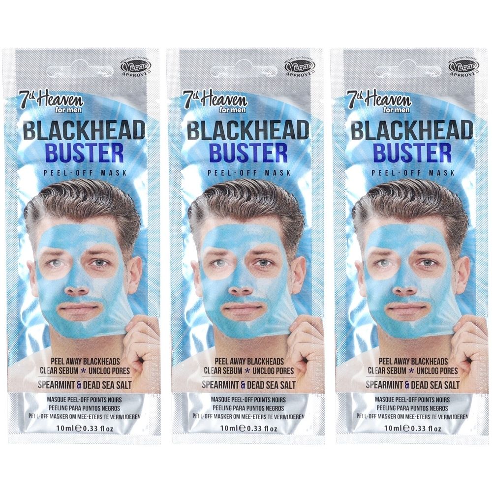 Drei Packungen 7th Heaven Blackhead Buster Peel-Off-Maske für Männer. Auf jeder Packung ist ein Mann mit blauer Maske abgebildet.