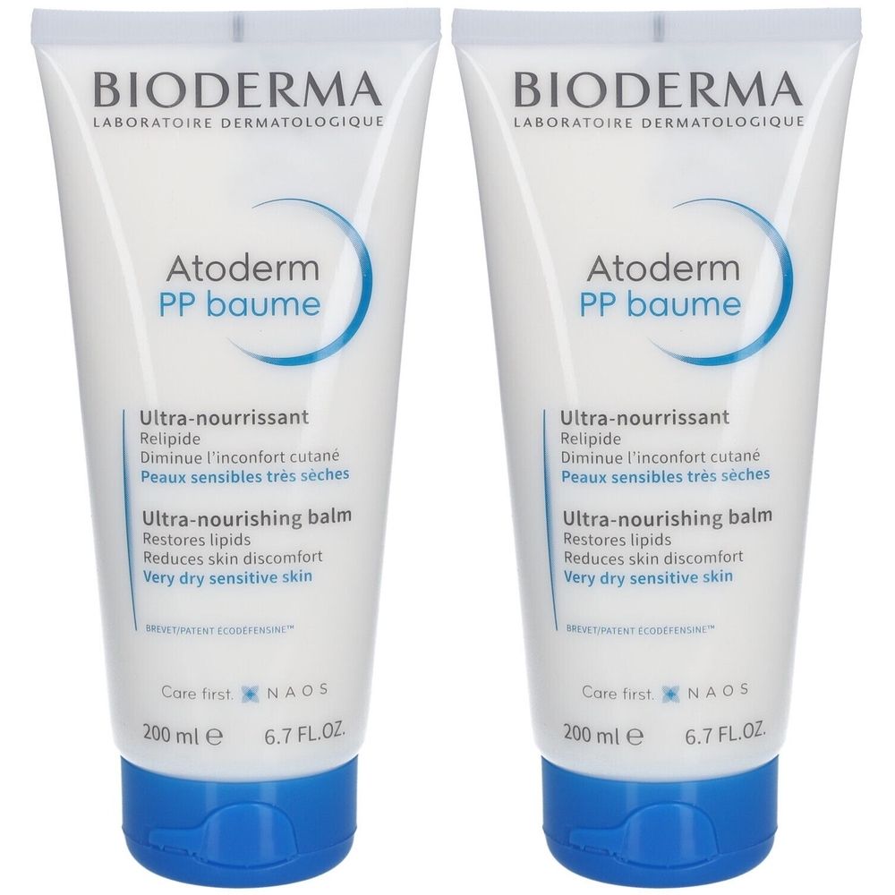 Zwei weiße Tuben mit blauer Schrift und Akzenten. Aufschrift: BIODERMA, Atoderm PP baume, Ultra-nourrissant, Ultra-nourishing balm.