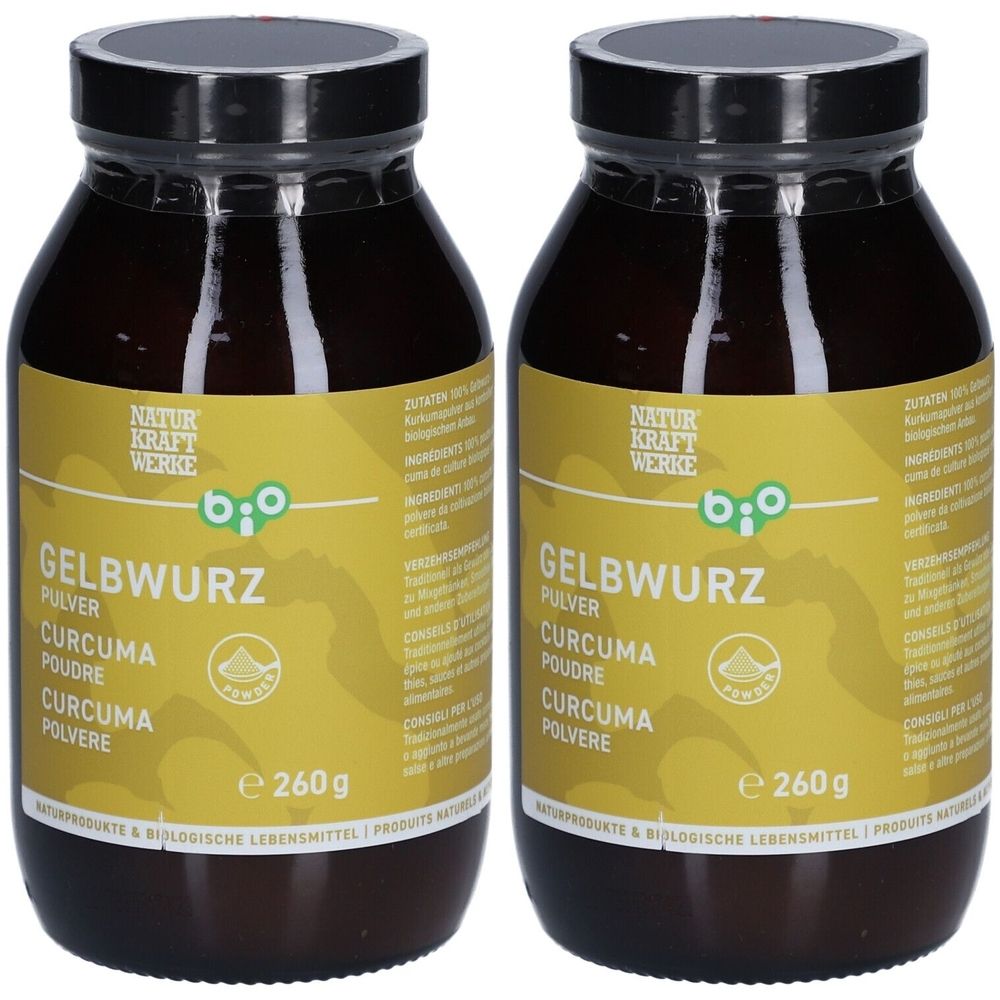 Deux flacons en verre brun avec couvercles noirs. Étiquette jaune avec "GELBWURZ Pulver", logo "Bio", "e 260 g".