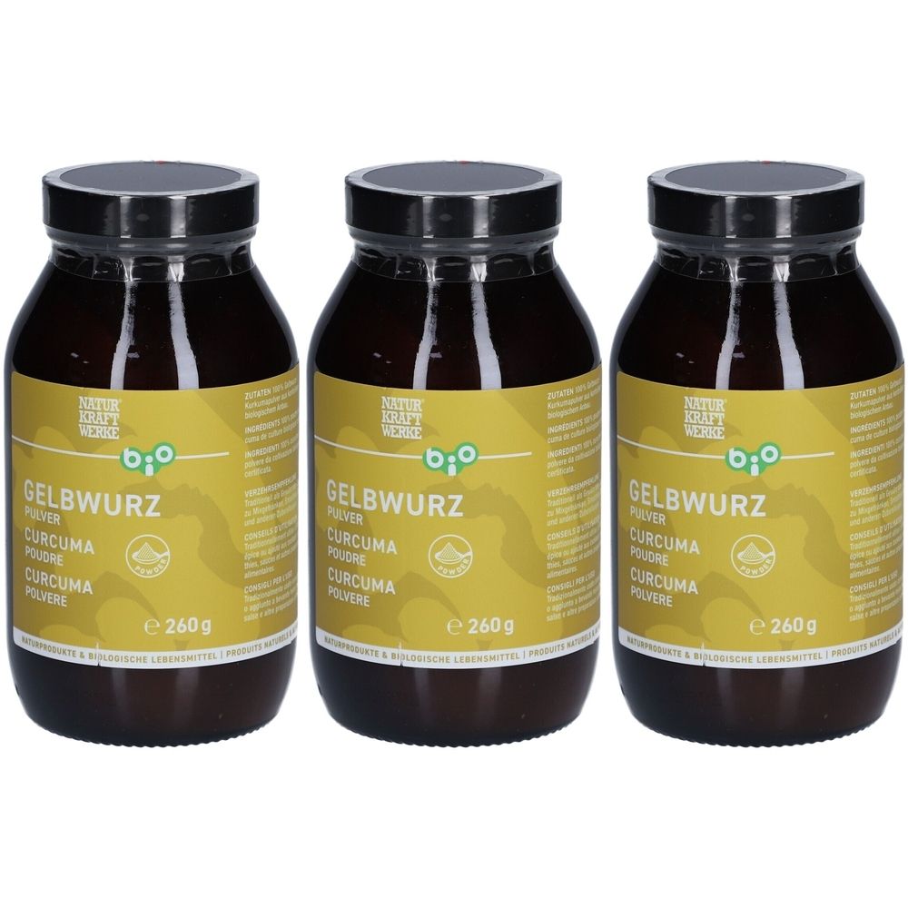 Trois pots bruns avec couvercles noirs. Étiquettes jaunes avec "GELBWURZ Pulver" et "Bio". Chaque pot contient 260g.