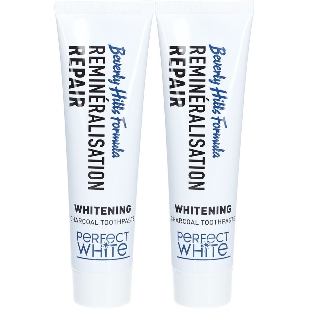 Zwei Tuben Zahnpasta. Aufschrift: Beverly Hills Formula, Remineralisation, Repair, Whitening, Perfect White.