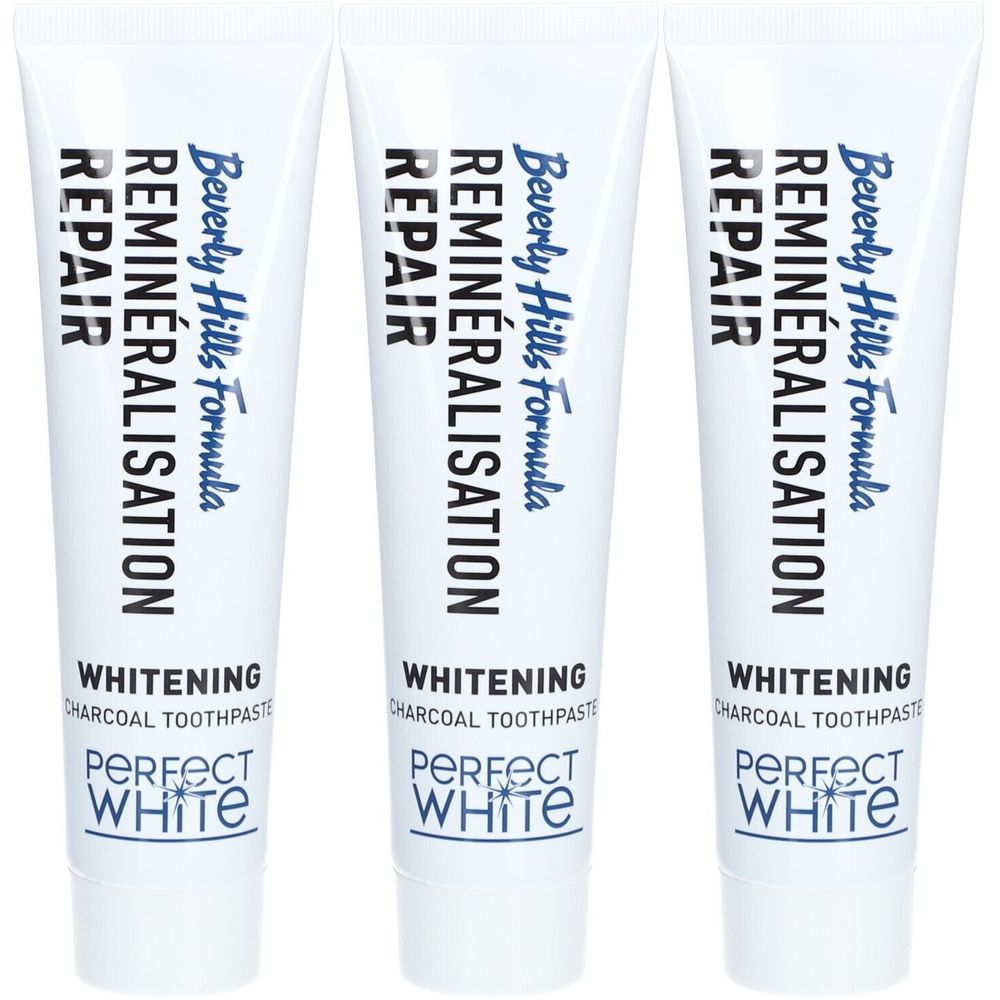 Drei Tuben Zahnpasta. Aufschrift: Beverly Hills Formula, Remineralisation, Repair, Whitening, Perfect White.