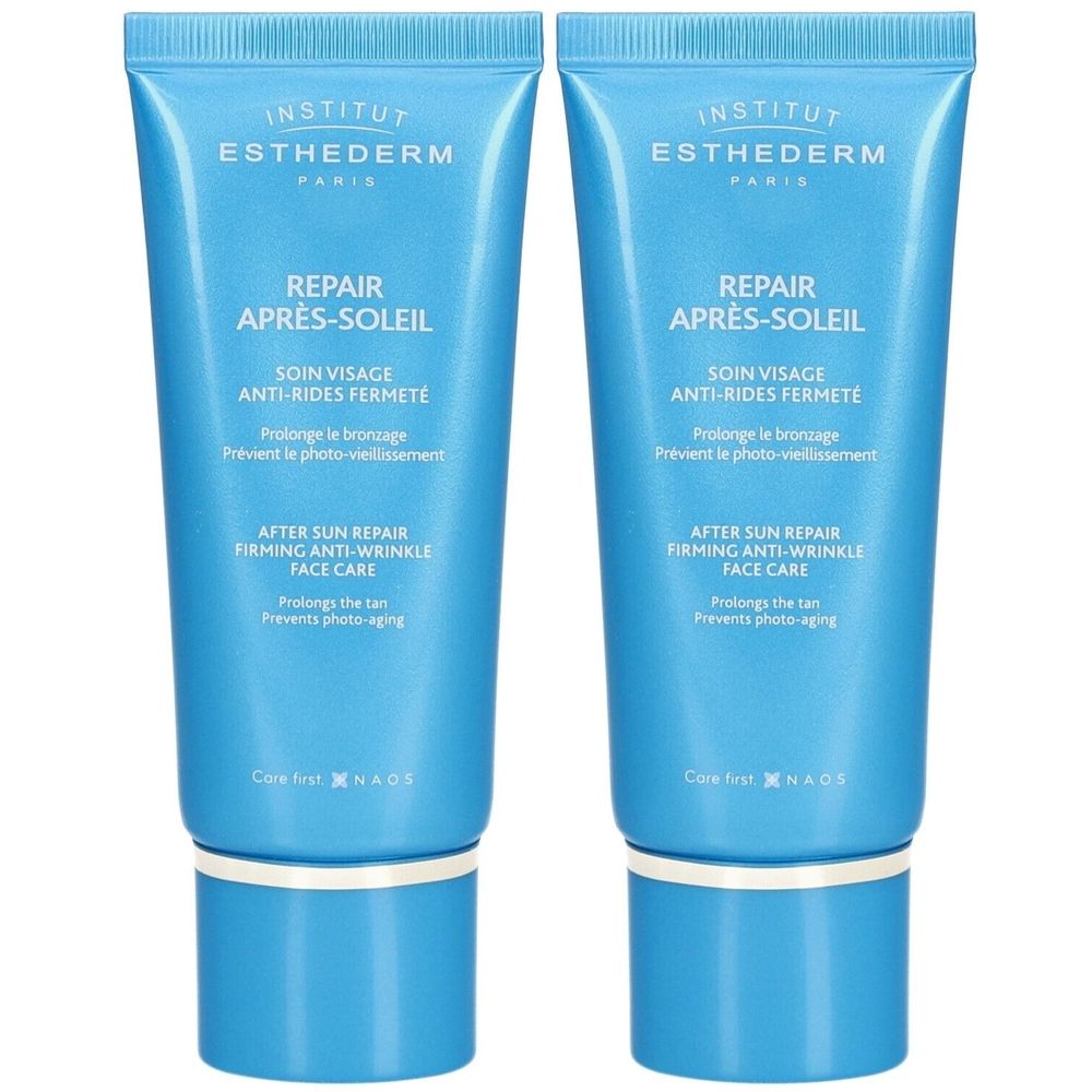 Deux tubes bleus avec texte blanc. Inscription: INSTITUT ESTHEDERM, REPAIR APRÈS-SOLEIL, SOIN VISAGE ANTI-RIDES FERMETÉ.