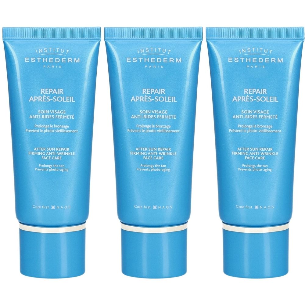 Trois tubes bleus avec texte blanc. On lit "INSTITUT ESTHEDERM PARIS", "REPAIR APRÈS-SOLEIL" et "SOIN VISAGE ANTI-RIDES FERMETÉ" sur chacun.