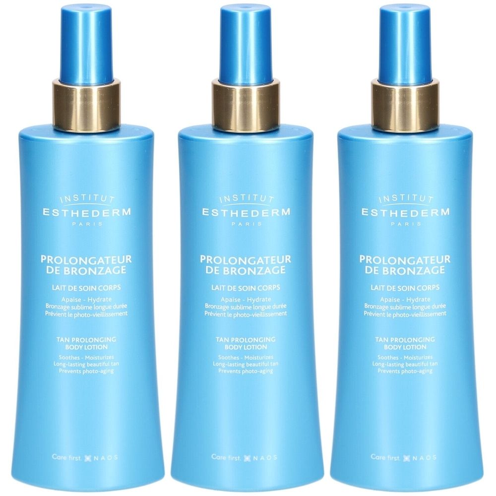Drei blaue Flaschen mit Sprühkopf. Aufschrift: INSTITUT ESTHEDERM, PROLONGATEUR DE BRONZAGE, LAIT DE SOIN CORPS. Goldfarbener Ring.