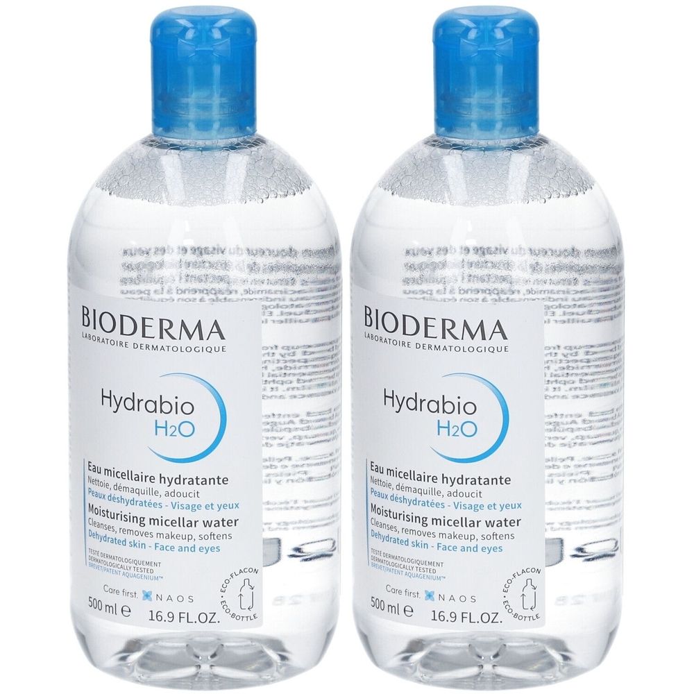 Zwei Flaschen BIODERMA Hydrabio H2O Mizellenwasser. Klare Flüssigkeit in transparenten Flaschen mit blauem Deckel. Text auf Etikett.