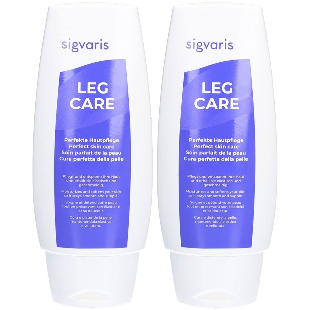 Zwei weiße Flaschen mit lila Etikett. Auf dem Etikett steht "LEG CARE" und "sigvaris". Darunter Text in mehreren Sprachen.