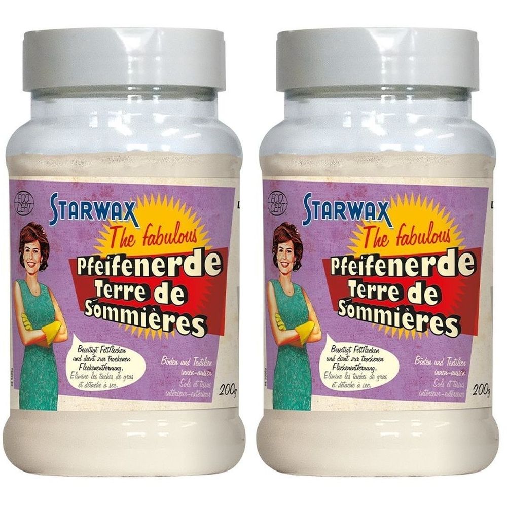Zwei zylindrische Behälter mit weißem Inhalt. Aufschrift: STARWAX, Pfeifenerde Terre de Sommières. Etikett mit Frau und gelbem Stern.