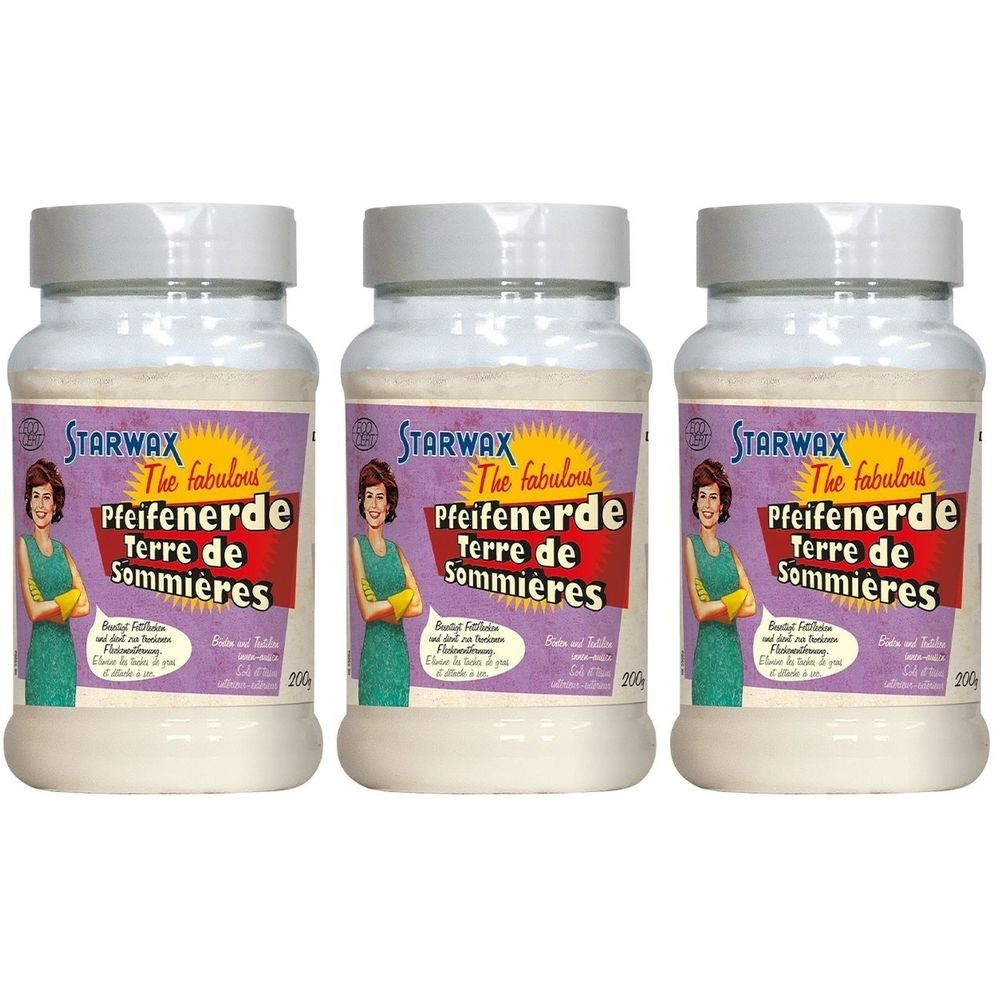 Drei weiße Behälter mit Deckel. Auf den Etiketten steht STARWAX, Pfeifenerde Terre de Sommieres. Aufdruck mit Frau.