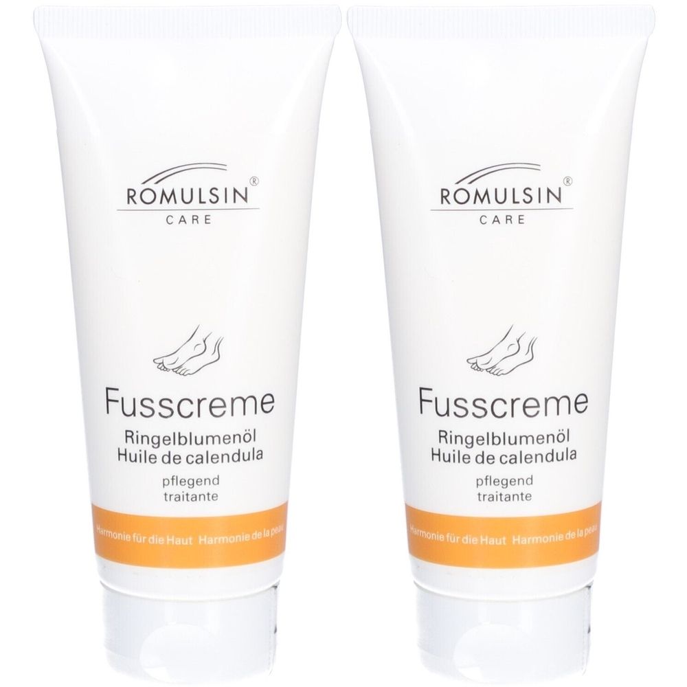Zwei weiße Tuben Fußcreme. Aufschrift: ROMULSIN CARE, Fusscreme, Ringelblumenöl. Illustration eines Fußes.