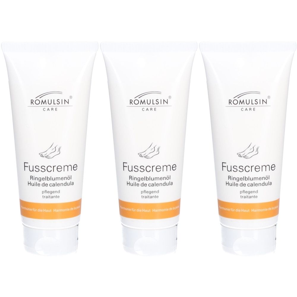 Drei weiße Tuben ROMULSIN Fußcreme. Aufschrift: Fusscreme, Ringelblumenöl, pflegend. Orangefarbener Streifen.