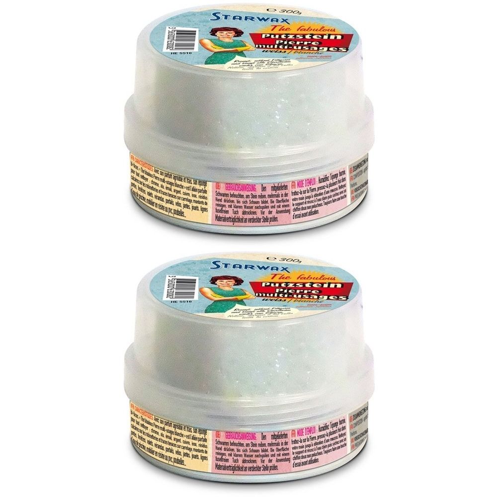 Zwei runde Behälter mit weißem Inhalt. Aufschrift STARWAX, Mehrzweckstein. Etiketten mit Text.