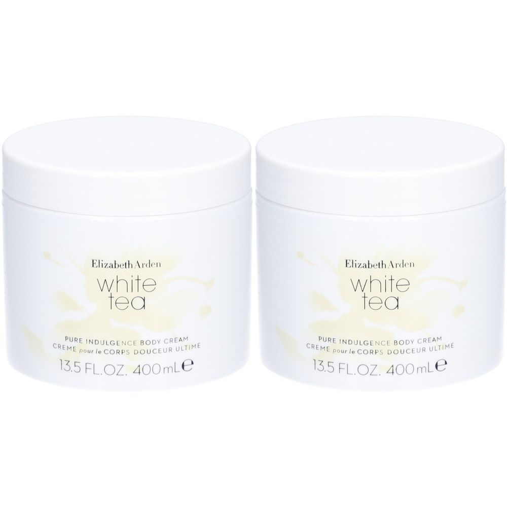 Deux pots blancs avec couvercles. Inscription: Elizabeth Arden White Tea Pure Indulgence Body Cream. 13.5 FL.OZ. 400ml.