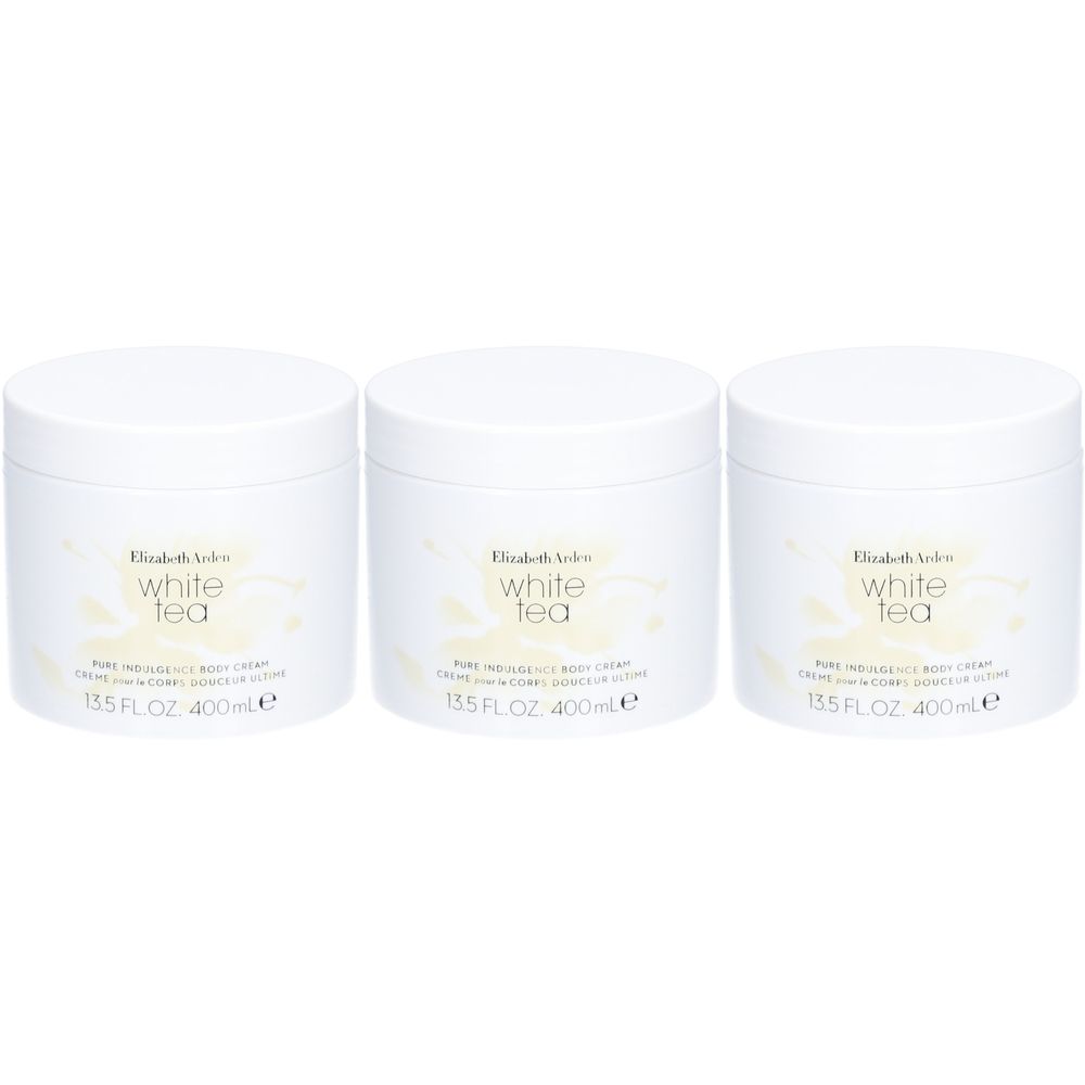 Trois pots blancs avec couvercles. Inscription: Elizabeth Arden White Tea Pure Indulgence Body Cream. 13.5 FL. OZ. 400ml.
