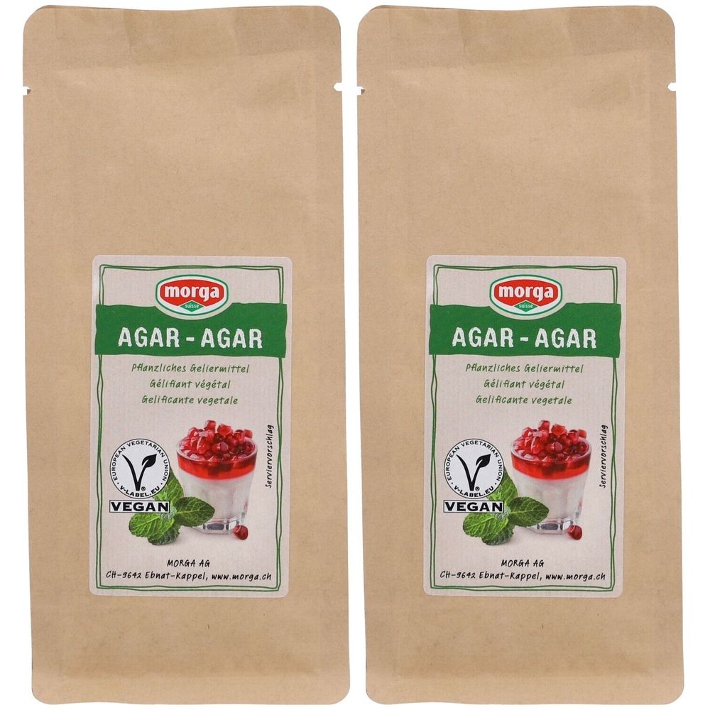 Deux sachets avec étiquette. Inscription: MORGA Agar-Agar, vegan. Illustration d'un dessert.