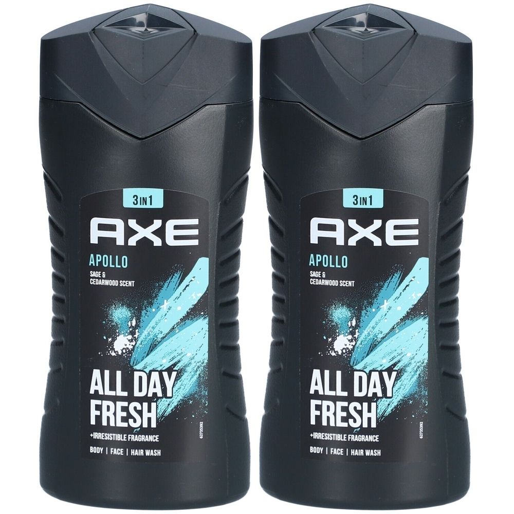 Zwei schwarze Duschgel-Flaschen. Aufschrift: AXE APOLLO 3in1. Text: ALL DAY FRESH. Duft: Salbei & Zedernholz. Für Körper, Gesicht und Haar.