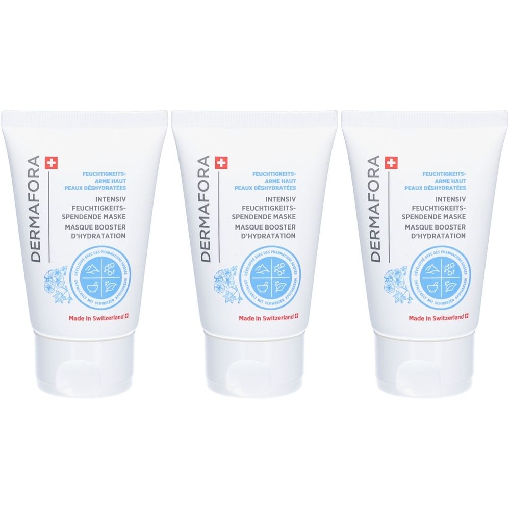 Drei weiße Tuben mit Produktbeschriftung. Aufschrift: DERMAFORA, Feuchtigkeits-spendende Maske, Masque Booster d'Hydratation. Mit Schweizer Kreuz.