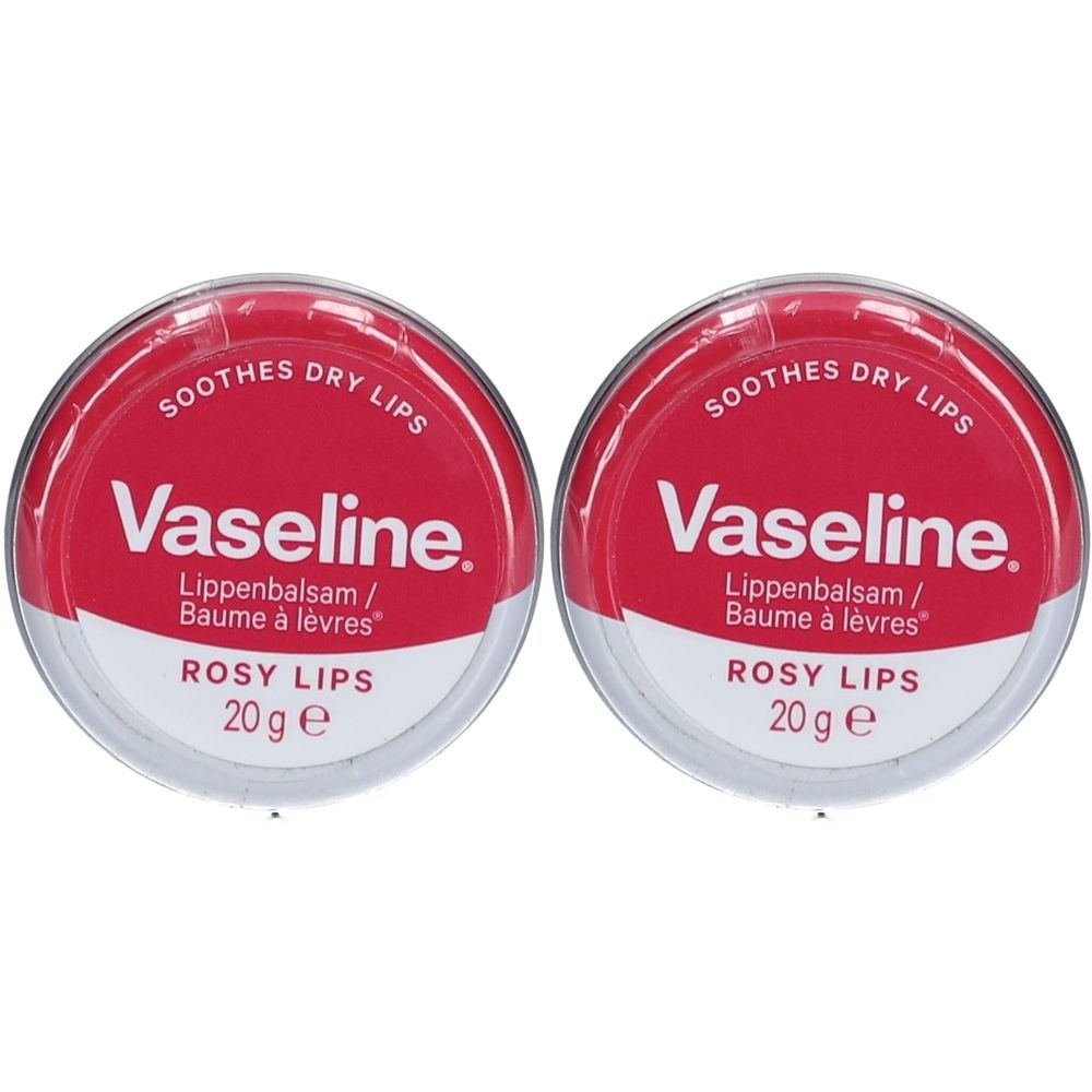 Zwei runde Dosen mit rotem Deckel. Aufschrift: Vaseline, Rosy Lips, 20 g e. Text: Soothes dry lips, Lippenbalsam/Baume à lèvres.
